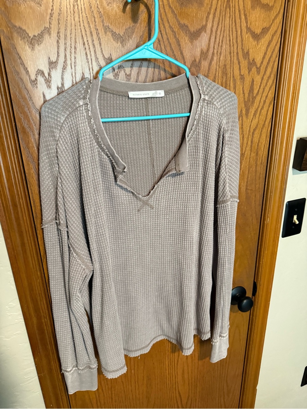 Altar'd State Taupe Waffle-Knit V-Neck Top